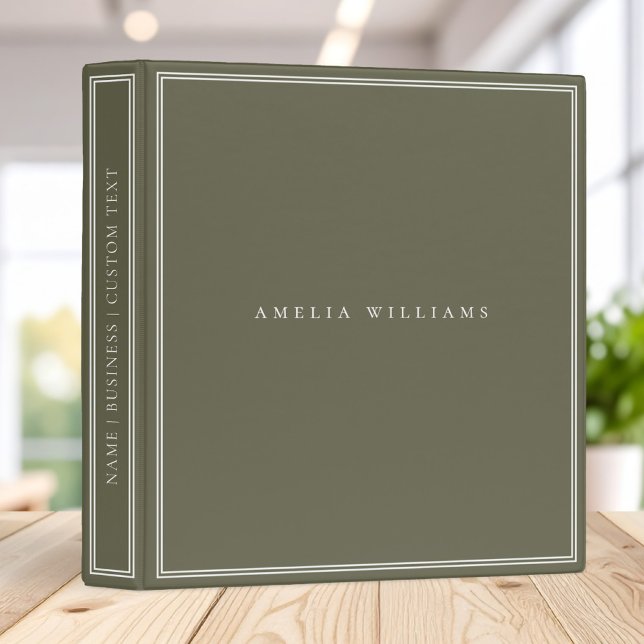 Elegant Olive Green Minimalist Monogram Name 3 Ring Binder (Creator Uploaded)