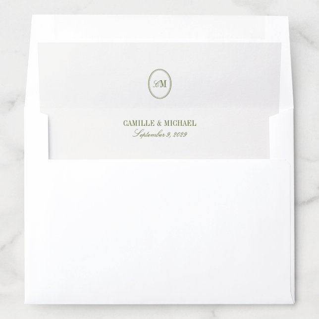 Elegant Olive Green Monogram Initials Wedding Envelope Liner (In Envelope)