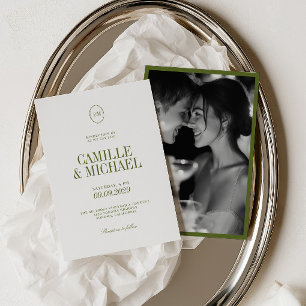 Elegant Olive Green Monogram Photo Wedding Invitation