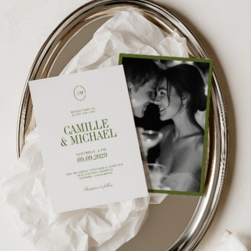 Elegant Olive Green Monogram Photo Wedding Invitation