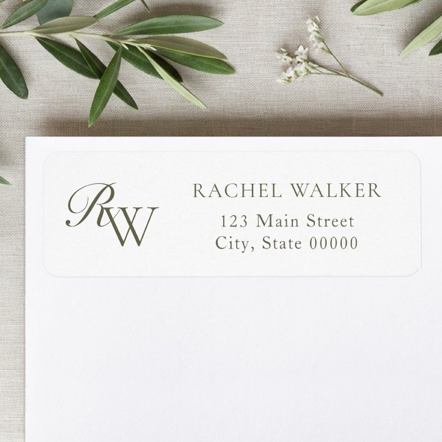Elegant Olive Green Monogram Return Address Label (Creator Uploaded)