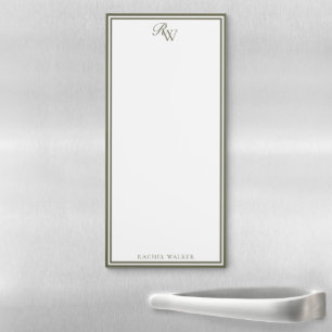 Elegant Olive Green Monogram Two Border Magnetic Notepad