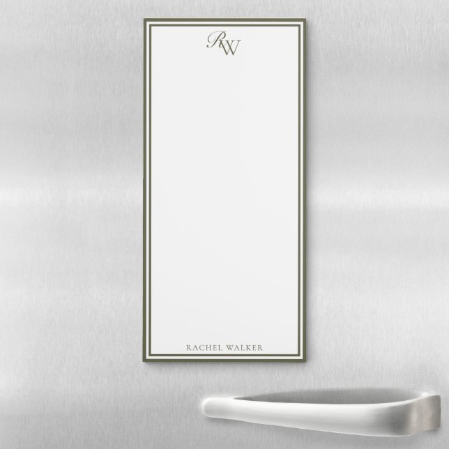 Elegant Olive Green Monogram Two Border Magnetic Notepad (In Situ)