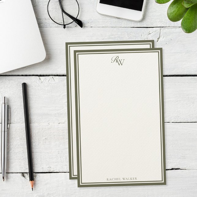 Elegant Olive Green Monogram Two Border Stationery (Creator Uploaded)