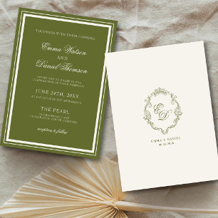Elegant Olive Green Monogram Wedding Invitation