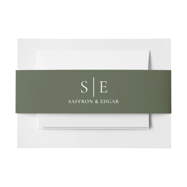 Elegant Olive Green Monogram Wedding Invitation Belly Band (Front Example)