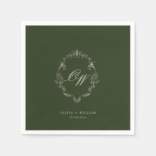 Elegant Olive Green Monogram Wedding Napkins (Front)