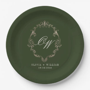 Elegant Olive Green Monogram Wedding Paper Plates
