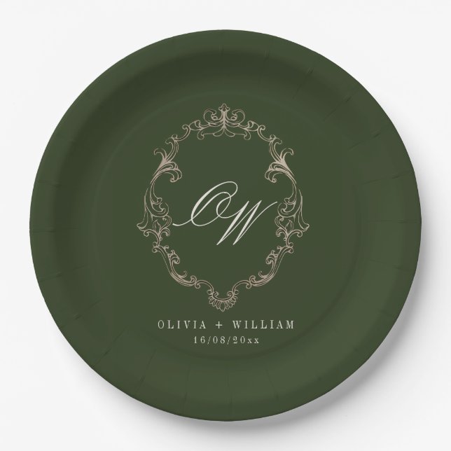 Elegant Olive Green Monogram Wedding Paper Plates (Front)
