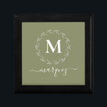 Elegant Olive Green Personalized Wreath Monogram Gift Box<br><div class="desc">This personalized gift box is simple and elegant. It features an olive green background with a delicate white botanical wreath monogram and white script typography for your personalization.</div>