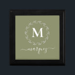 Elegant Olive Green Personalized Wreath Monogram Gift Box<br><div class="desc">This personalized gift box is simple and elegant. It features an olive green background with a delicate white botanical wreath monogram and white script typography for your personalization.</div>
