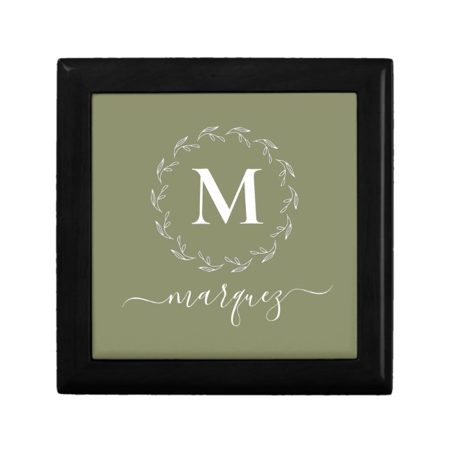 Elegant Olive Green Personalized Wreath Monogram Gift Box (Front)