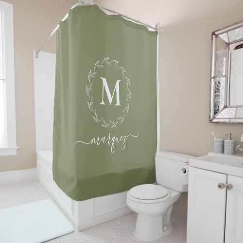 Elegant Olive Green Personalized Wreath Monogram Shower Curtain