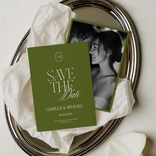 Elegant Olive Green Photo Save the Date Card