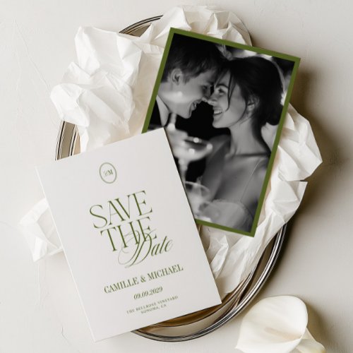 Elegant Olive Green Photo Save the Date Card