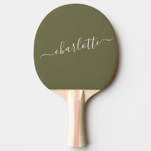 Elegant Olive Green Script Name Personalized  Ping Pong Paddle