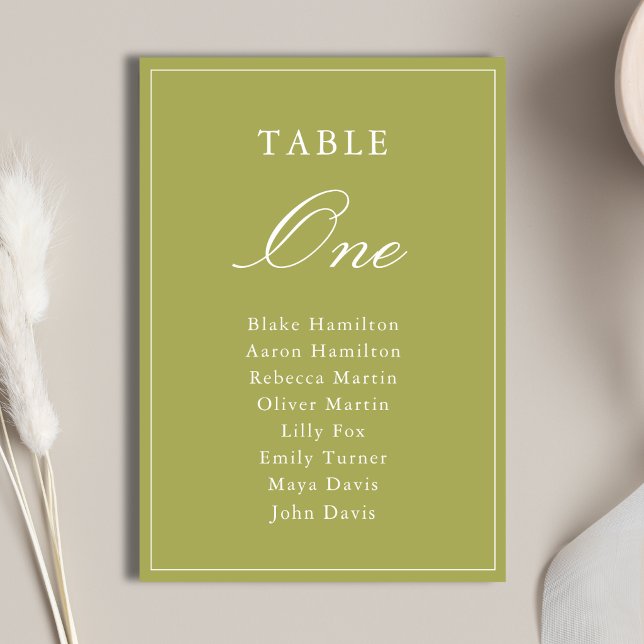 Elegant Olive Green Script Wedding Table Number (Elegant olive green table numbers bring timeless charm and easy seating guidance.)