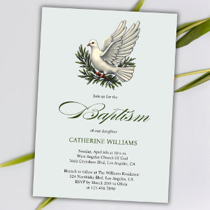 Elegant Olive Green Script White Dove Baptism Invitation