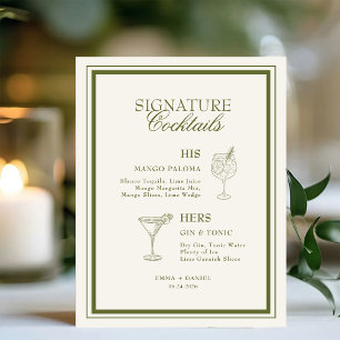 Elegant Olive Green Signature Cocktails Wedding Menu