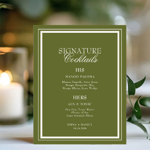 Elegant Olive Green Signature Cocktails Wedding Menu