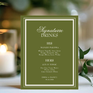 Elegant Olive Green Signature Cocktails Wedding Menu