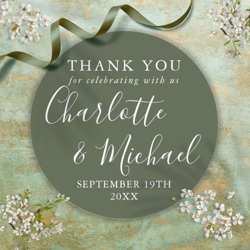 Elegant Olive Green Signature Script Thank You Classic Round Sticker