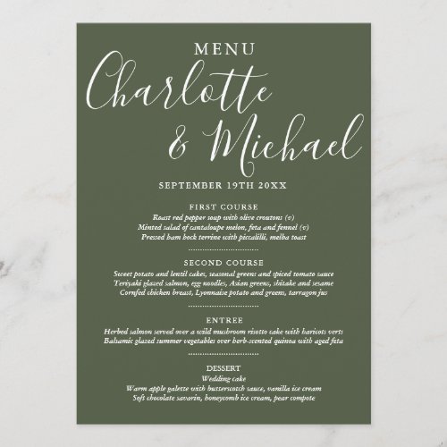 Elegant Olive Green Signature Wedding Menu