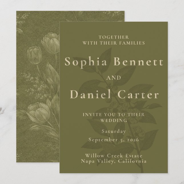 Elegant Olive Green Tulip Botanical Wedding Invitation (Front/Back)