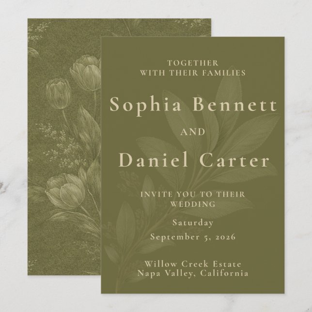 Elegant Olive Green Tulip Botanical Wedding Invitation (Front/Back)