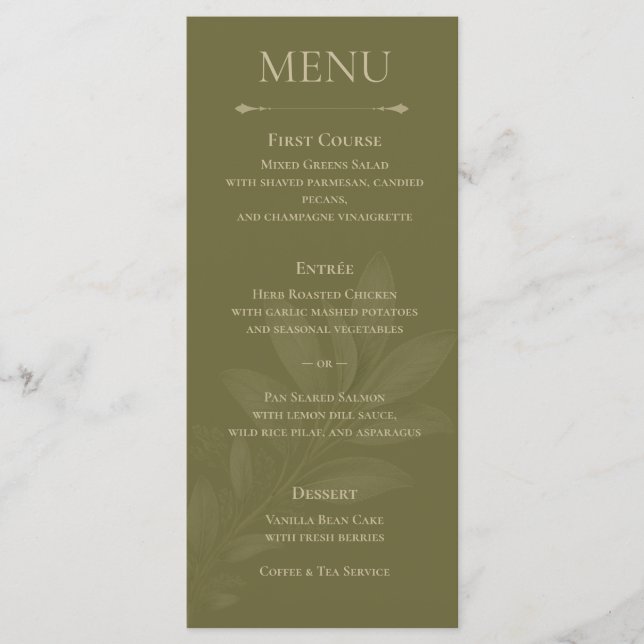 Elegant Olive Green Tulip Botanical Wedding Menu (Front)