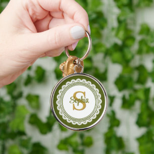Elegant Olive Green Vintage Lace Monogram Name Keychain