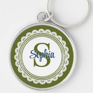 Elegant Olive Green Vintage Lace Monogram Name Keychain