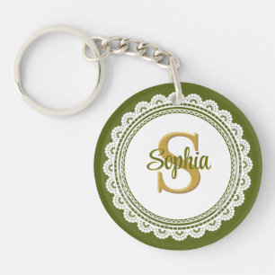 Elegant Olive Green Vintage Lace Monogram Name Keychain