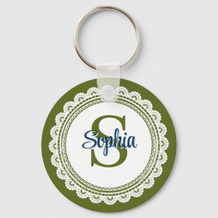 Elegant Olive Green Vintage Lace Monogram Name Keychain