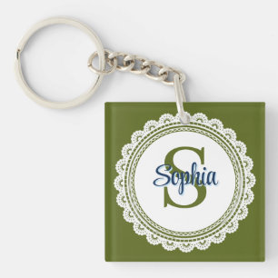 Elegant Olive Green Vintage Lace Monogram Name Keychain