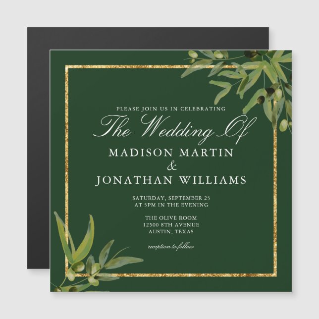 Elegant Olive Green Watercolor Botanical Wedding Magnetic Invitation (Front/Back)
