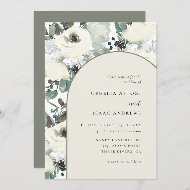 Elegant Olive Green Watercolor Floral Arch Wedding Invitation (Front/Back)