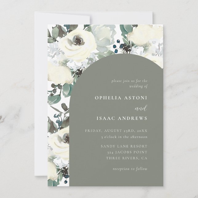 Elegant Olive Green Watercolor Floral Arch Wedding Invitation (Front)