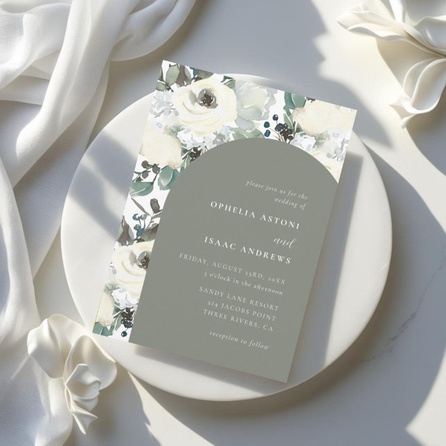 Elegant Olive Green Watercolor Floral Arch Wedding Invitation (Creator Uploaded)