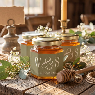 Elegant Olive Green Wedding Couples Initials Honey Jar Favors