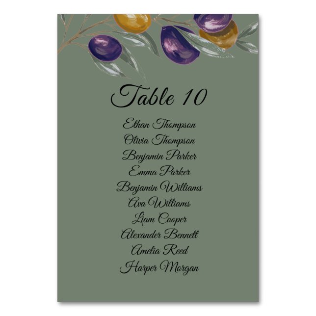 Elegant Olive Green Wedding Table Card with Names (Front)