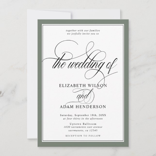 Elegant Olive Green & White Classic Wedding Invitation (Front)