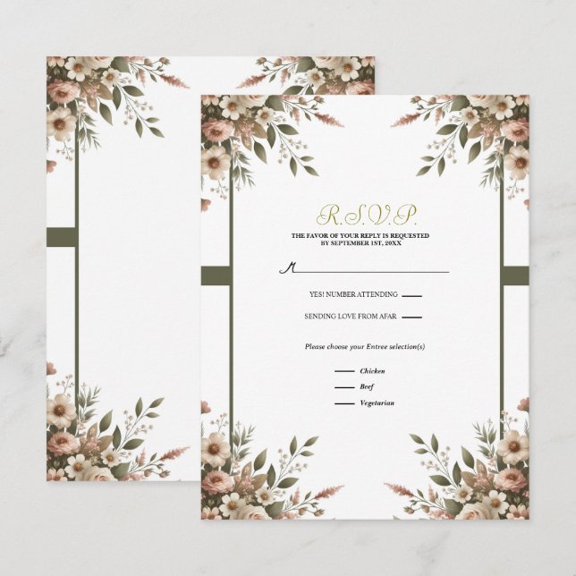 Elegant Olive Green & White Floral Corner RSVP Invitation (Front/Back)