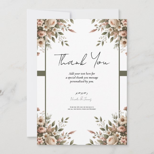 Elegant Olive Green & White Floral Corner Wedding  Invitation (Front)