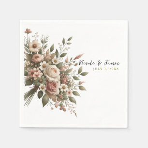 Elegant Olive Green & White Floral Corner Wedding Napkins