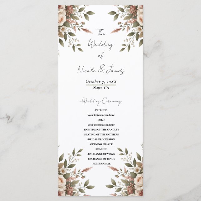 Elegant Olive Green & White Floral Corner Wedding  Program (Front)