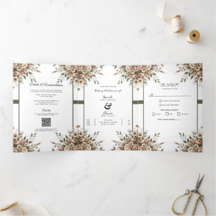 Elegant Olive Green & White Floral Corner Wedding Tri-Fold Invitation
