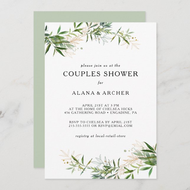 Elegant Olive Greenery Couples Shower Invitation (Front/Back)