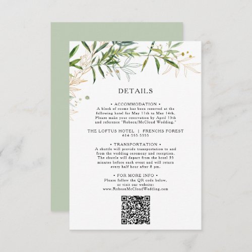 Elegant Olive Greenery Details QR Code Enclosure Card