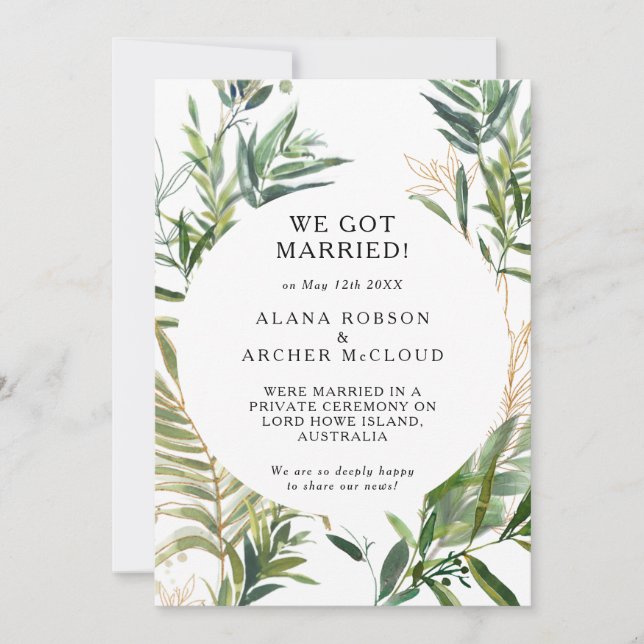 Elegant Olive Greenery Elopement Announcement (Front)